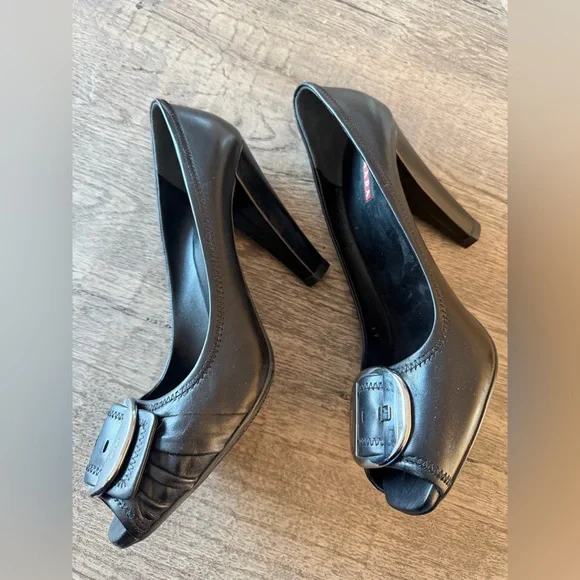 Prada Black Leather Buckle Heels Peep Toe Rare Vintage / EU 41 - Picture 11 of 14